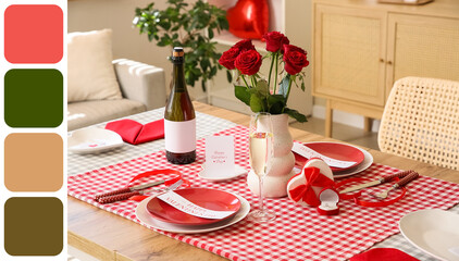 Beautiful table setting with engagement ring, roses and champagne for Valentine's Day celebration. Different color patterns