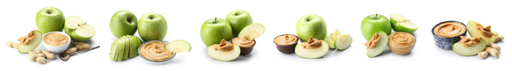 Set of fresh green apples and tasty peanut butter on white background
