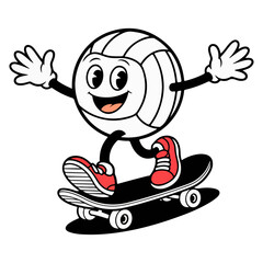 Cute Cartoon Sports Ball Character Skateboarding – Fun Mascot Illustration with Smiling Expression Isolated on White Background
