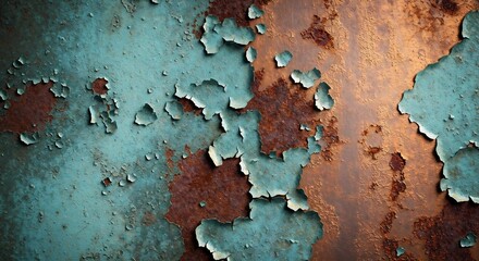 Closeup of peeling teal paint on a heavily rusted metal surface revealing a textured weathered appearance