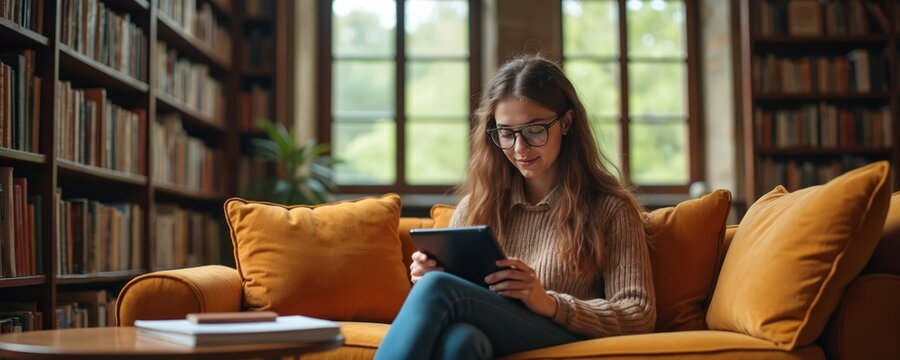 Young woman with glasses uses tablet device while sitting on sofa in library. She studies near bookshelves and large window with green view. Online education concept. - Powered by Adobe