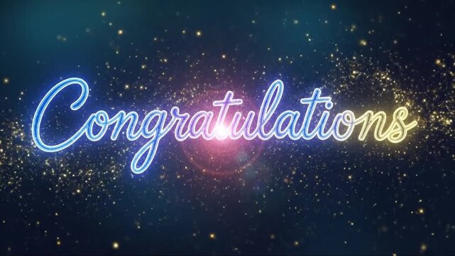 Radiant congratulations motion graphic with glowing particles and neon inscription