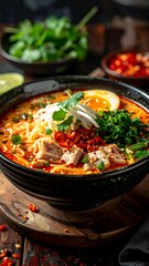 Spicy Ramen Bowl with Egg and Fresh Herbs.