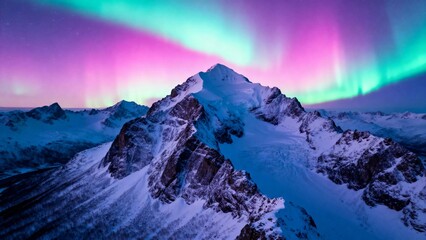 Aurora borealis illuminates snow-covered mountain peaks under a vibrant night sky