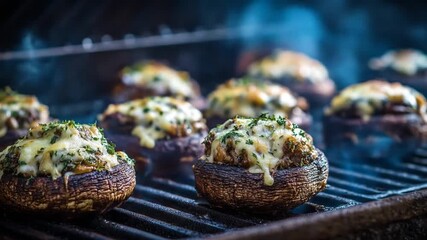Grilled stuffed mushrooms with melted cheese and herbs sizzling on a barbecue grill, surrounded by a smoky background, perfect for culinary enthusiasts and food photography