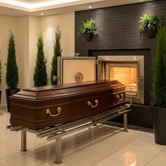 A dark-toned wooden casket rests on a stainless steel stand within a modern crematorium facility.