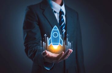 Businessman touching transparent rocket icon launching. Startup concept, rocket, company growth, digital success, technology, marketing, finance, innovation. Creative design project.