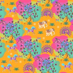 Elephants, peacocks and galloping horses among grass and flowering trees on a bright orange background seamless boho pattern. Beautiful natural fairytale print for fabric, wallpaper.