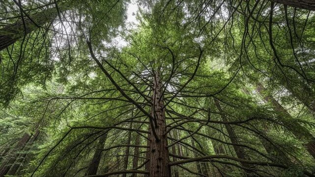 Ascending giants, trees reach for the heavens in a dense forest view, looking up