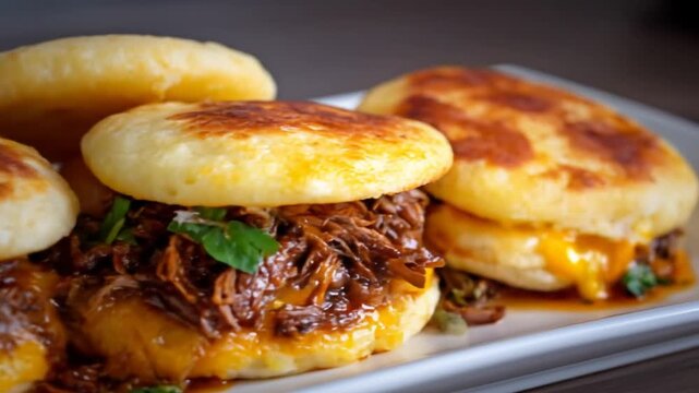 A close-up view of freshly made arepas filled with tender pulled beef and melted cheese, garnished with fresh herbs, served on a white plate, showcasing a rustic kitchen background