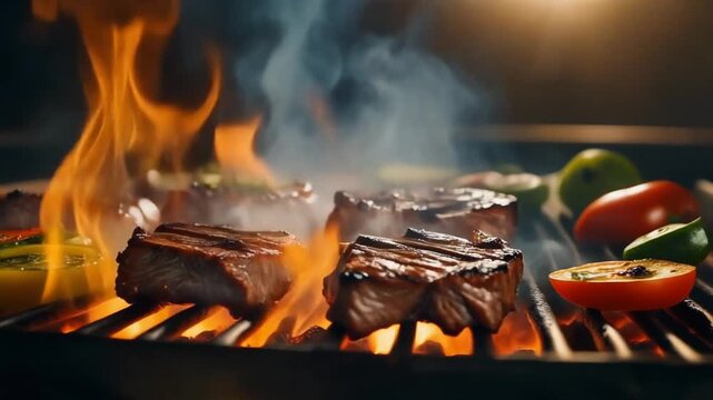 夜の屋外BBQで焼ける肉のシルエット