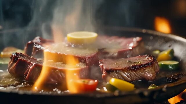 焼ける牛タンにレモンが滴るシーン