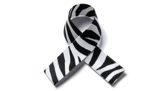 A minimalist zebra-stripe awareness ribbon on a pure white background, symbolizing rare disease and carcinoid awareness for International Zebra Day with a clean medical charity style.