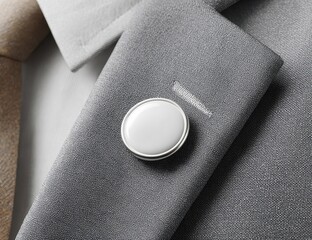 Vibrant photo of Close-up of a white and silver round button or cufflink on a grey suit sleeve.