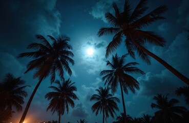 Silhouetted palm trees against a full moonlit sky. Clouds drift over tranquil tropical island at night. Coastal paradise scene under lunar glow.