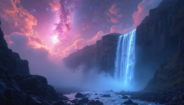 Surreal waterfall plunges into misty abyss under vibrant pink purple nebula sky with stars. Rocks border river below cliff face. Cosmic nature scene.