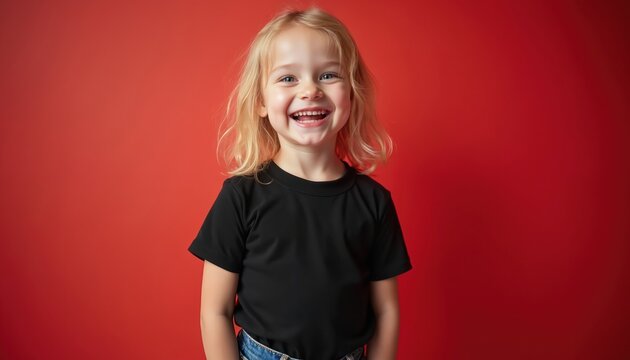 Cute happy girl smiles widely in black blank t-shirt. Blonde child poses against vibrant red background with copy space. Adorable kid shares joyful moment.