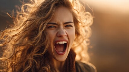 ultra-realistic close-up of a young woman shouting in joy, wind in hair, intense golden hour light, dynamic background blur, expression of fierce excitement
