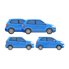 Blue city car in different types on a white background. Family hatchback