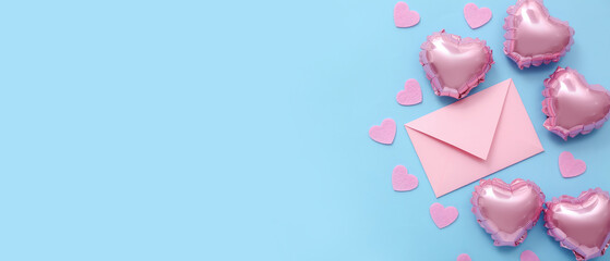 Composition with balloons, envelope and decor on color background. Valentine's Day celebration