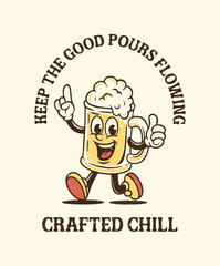 Retro cartoon illustration of a happy beer mug character, personifying a craft beer. The cheerful mascot gives a thumbs-up while pointing upwards, surrounded by a circular text .