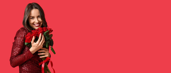 Happy young woman with bouquet of roses on red background. Valentine's Day celebration