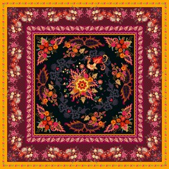 A beautiful fairytale print for a rug or scarf with magical birds, lush bouquets of flowers, mandalas, and paisley.