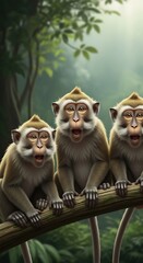 Three expressive monkeys sit in a row on a branch, their surprised expressions highlighted against a verdant jungle backdrop.