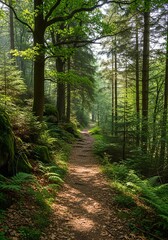 Sun-dappled forest path winding through lush green trees and ferns, creating a serene natural landscape.