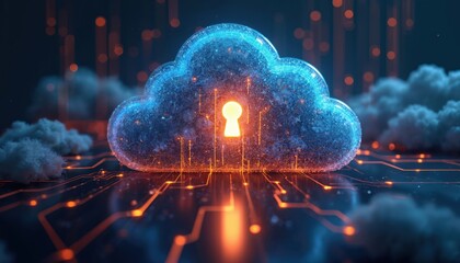 Digital cloud with keyhole lock symbol signifies secure cloud computing. Data protection and cyber safety concept. Artificial intelligence tech.