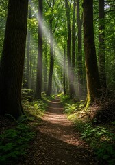 Sunlight filtering through a lush green forest path, creating a magical and serene natural landscape.
