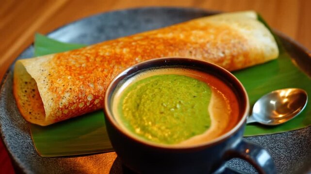 A beautifully plated dosa served on a banana leaf, accompanied by a bowl of vibrant green chutney and a cup of aromatic coffee, set in a cozy dining environment