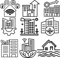 Fototapeta premium Collection of Business and Technology Icons with Buildings and Nature Elements city smart home
