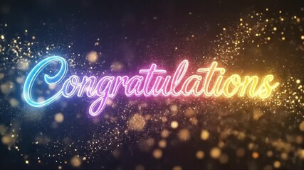 Dynamic Congratulations Text Reveal Animation with Colorful Neon Lights and Glittering Particles - Powered by Adobe