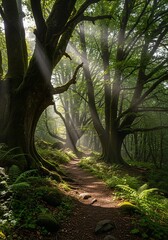 Sunlight filtering through ancient trees in a mystical forest path.