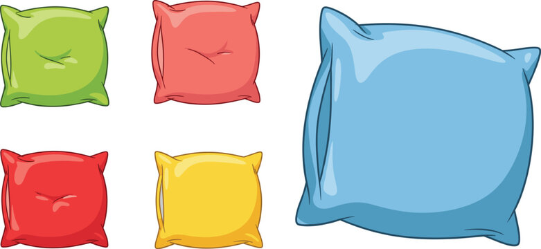 Colorful throw pillow illustration set with soft square cushions in different sizes and bright colors, cozy home decor vector elements