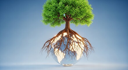 Tree with Roots Encircling a Glass Earth Globe on a Blue Background.