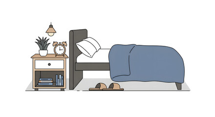 Minimalist Flat Design Bedroom Interior. Cozy Bed, Nightstand, Lamp, Plant, Clock & Slippers. Home Decor Illustration.