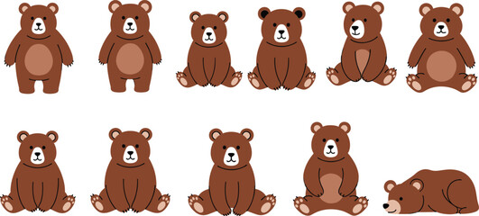 Cute bear cub character set in multiple sitting standing and sleeping poses, simple brown cartoon animal vector illustration for children designs © Sumon Creative