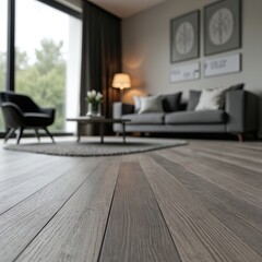 Fototapeta premium Modern living room interior features grey wood grain vinyl flooring. Contemporary furniture includes a sofa and armchair. Natural light enters from large window.