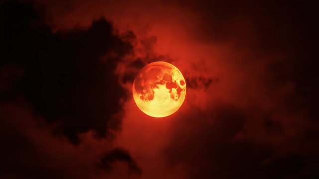 Fiery red moon glowing ominously with dark clouds, a haunting night sky
