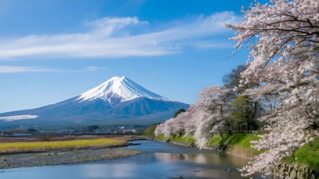 Majestic snowcapped Mount Fuji dominates the spring landscape alongside a tranquil river reflecting the clear blue sky and vibrant cherry blossoms