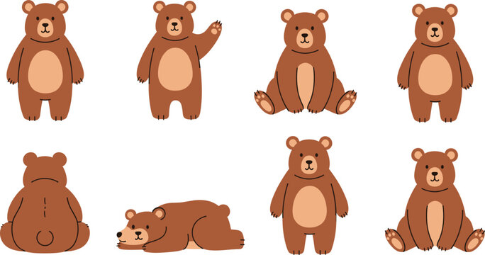 Cute brown bear cartoon character set showing front back sitting smiling waving and sleeping poses, friendly animal vector illustration collection