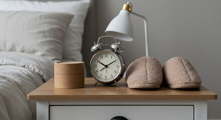 Cozy bedroom bedside table with classic alarm clock, soft slippers, and reading lamp. Neutral home decor for relaxation.