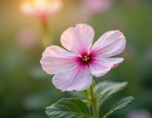 Fototapeta premium Single pink Althaea officinalis flower with deep pink center in soft sun. Green leaves and blurred garden background add depth to delicate petals.
