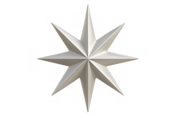 Silver eight-pointed star, 3d render, representing guidance and direction. Isolated object with a transparent background