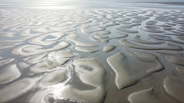 Aerial Perspective of Serene Tidal Flats displaying intricate patterns on the beach