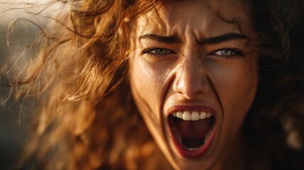 ultra-realistic close-up of a young woman shouting in joy, wind in hair, intense golden hour light, dynamic background blur, expression of fierce excitement