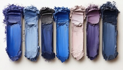 Colorful eyeshadow swatches with various hues displayed on white background. Can be used for makeup brands, tutorials or cosmetic product designs.