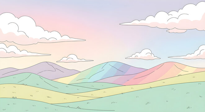 Cartoon Rainbow Hills Landscape - Cute Pastel Background